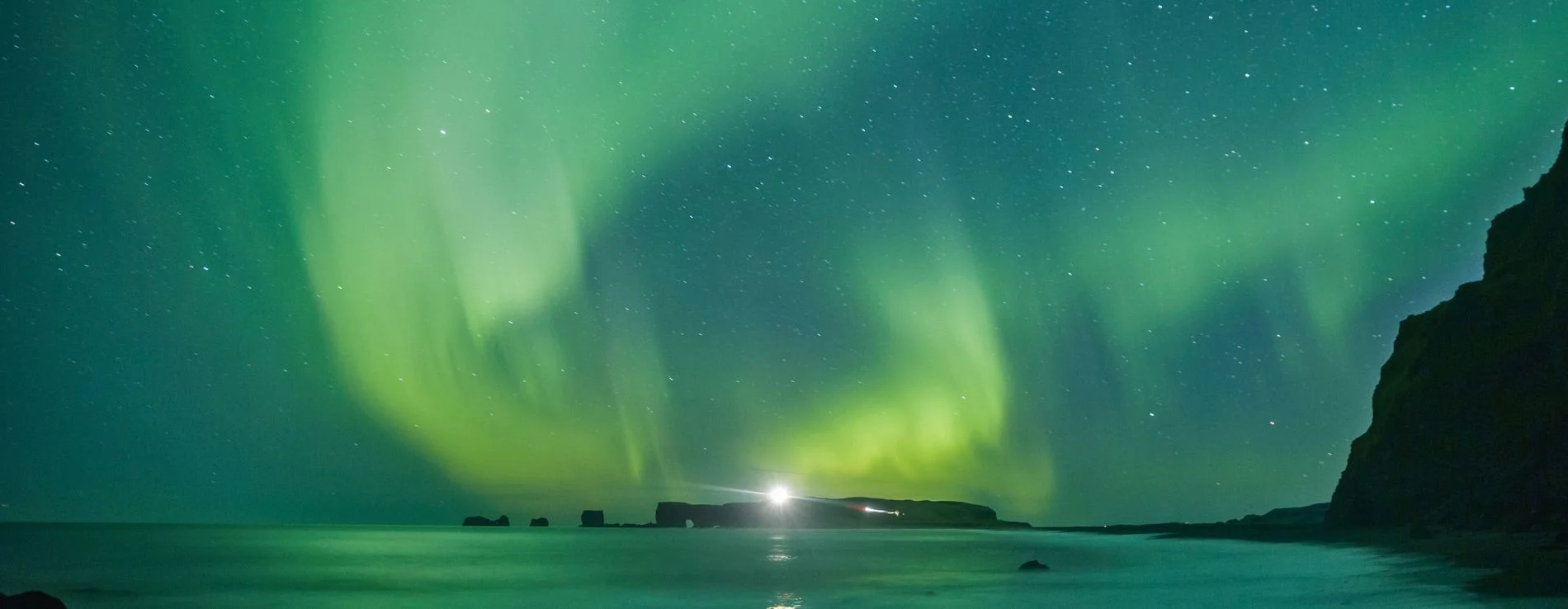 Northern lights above Iceland’s southern coastline